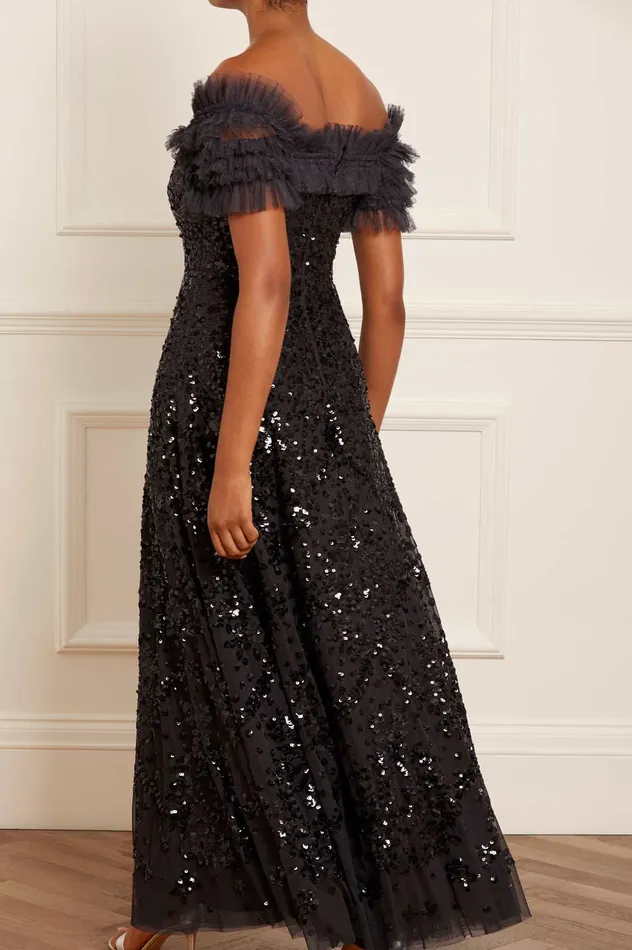 Needle and Thread Sequin Wreath OffShoulder Gown Black Women Embellished Dresses