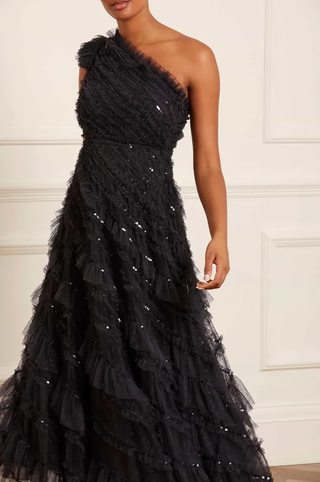 Needle and Thread Spiral Sequin OneShoulder Ankle Gown Black Women Embellished Dresses