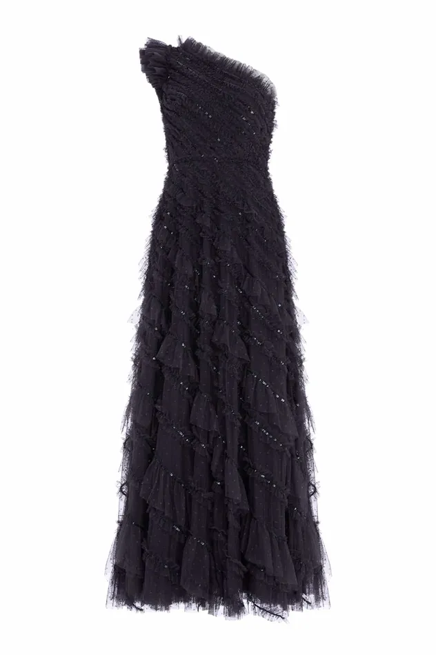 Needle and Thread Spiral Sequin OneShoulder Ankle Gown Black Women Embellished Dresses