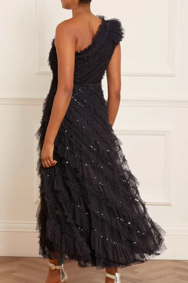 Needle and Thread Spiral Sequin OneShoulder Ankle Gown Black Women Embellished Dresses