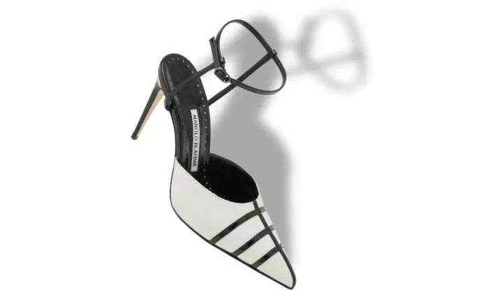 Pumps Women Manolo Blahnik CETROCream And Black Linen Ankle Strap Pumps