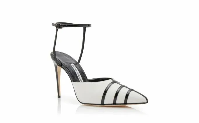 Pumps Women Manolo Blahnik CETROCream And Black Linen Ankle Strap Pumps Pumps Women Manolo Blahnik CETROCream And Black Linen Ankle Strap Pumps