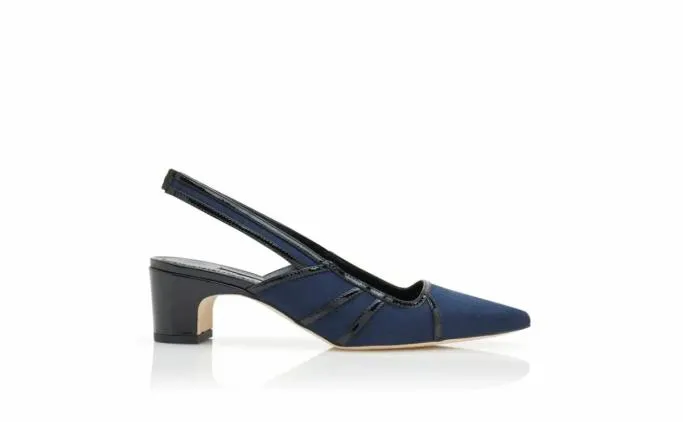 Pumps Women Manolo Blahnik FURRUNNavy Blue And Black Linen Geometric Slingback Pumps Pumps Women Manolo Blahnik FURRUNNavy Blue And Black Linen Geometric Slingback Pumps