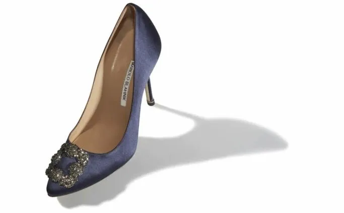 Pumps Women Manolo Blahnik HANGISINavy Blue Satin Jewel Buckle Pumps