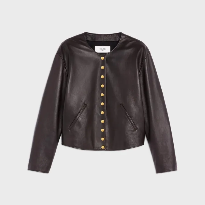 Pure Collar Jacket With Snap Buttons In Soft Lambskin Ebene Women CELINE LEATHER AND SHEARLING Pure Collar Jacket With Snap Buttons In Soft Lambskin Ebene Women CELINE LEATHER AND SHEARLING