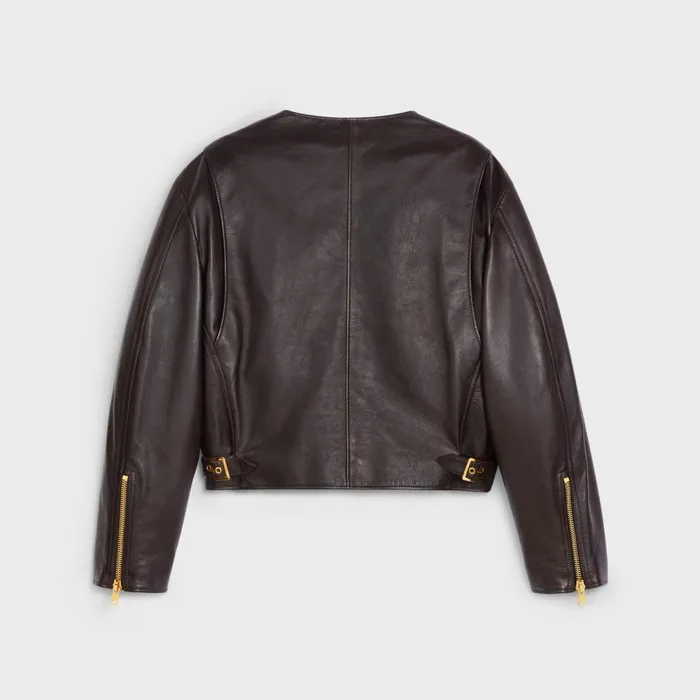 Pure Collar Jacket With Snap Buttons In Soft Lambskin Ebene Women CELINE LEATHER AND SHEARLING