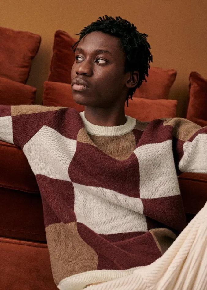 Szane Knitwear Mens Mallow Sweater Ecru Bordeaux Camel