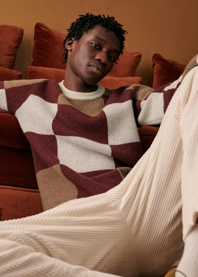 Szane Knitwear Mens Mallow Sweater Ecru Bordeaux Camel