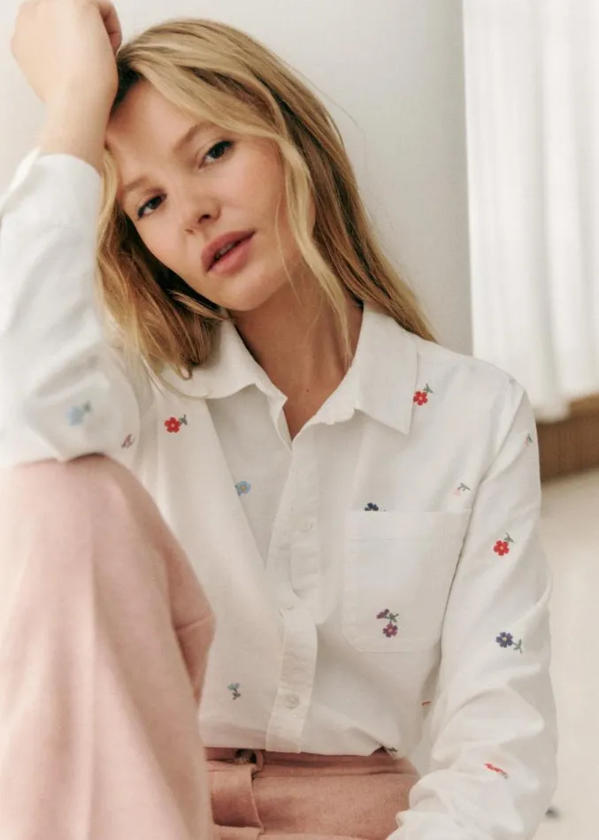 Szane Tops Womens Tomboy Shirt Multicolour Embroidered Flowers