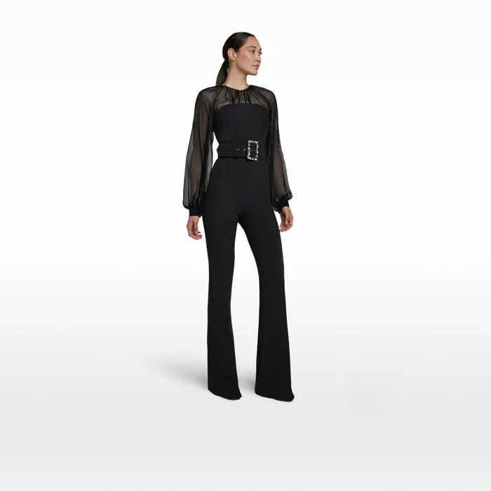 Safiyaa Aternia Black Jumpsuit With Embroidered Buckle Belt Women Jumpsuits