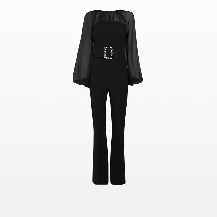 Safiyaa Aternia Black Jumpsuit With Embroidered Buckle Belt Women Jumpsuits