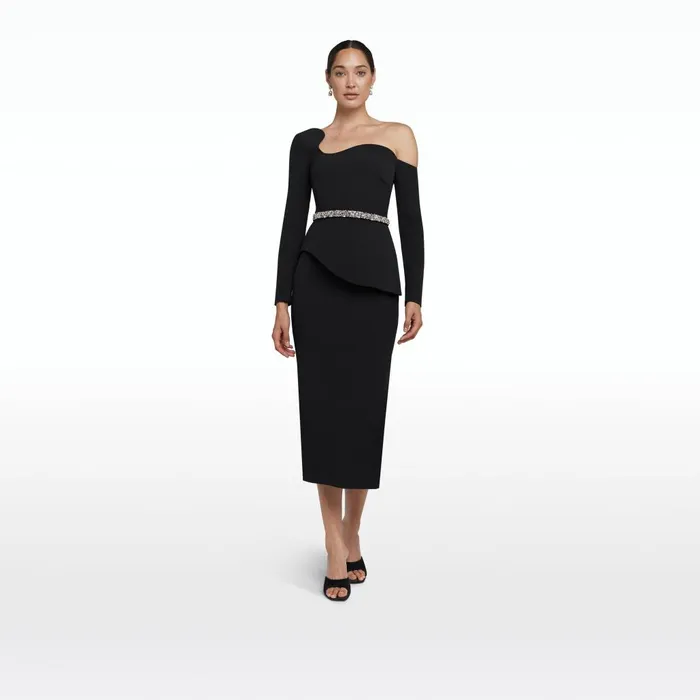 Safiyaa Constanza Black Midi Dress With Embroidered Belt Women Dresses