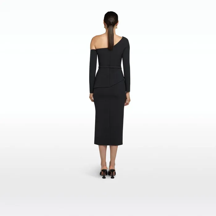 Safiyaa Constanza Black Midi Dress With Embroidered Belt Women Dresses