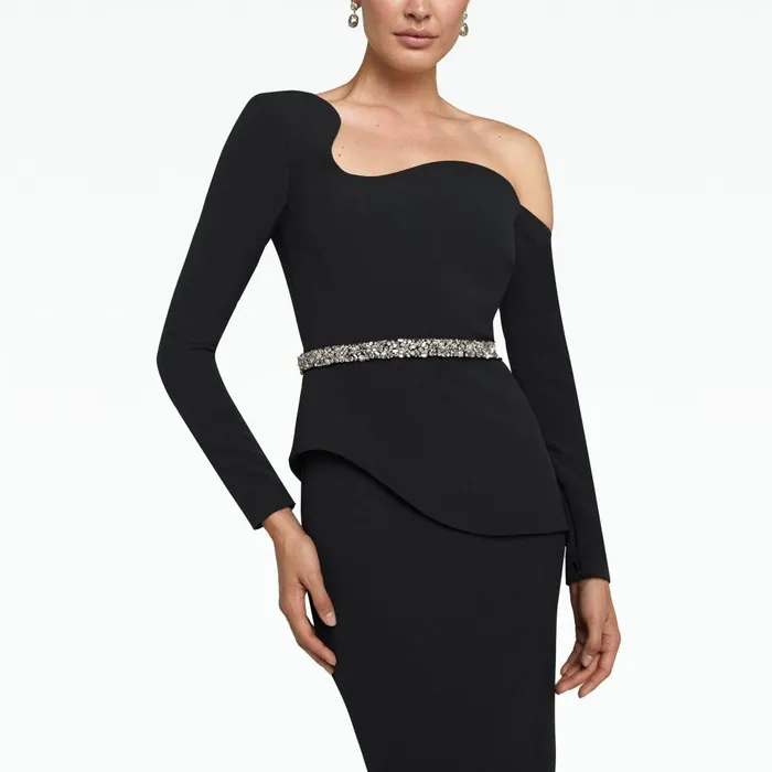 Safiyaa Constanza Black Midi Dress With Embroidered Belt Women Dresses