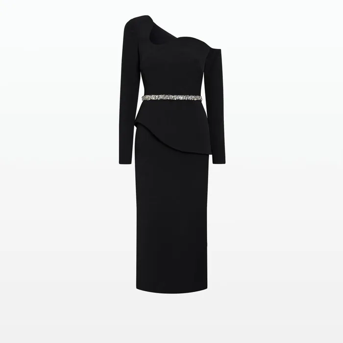 Safiyaa Constanza Black Midi Dress With Embroidered Belt Women Dresses