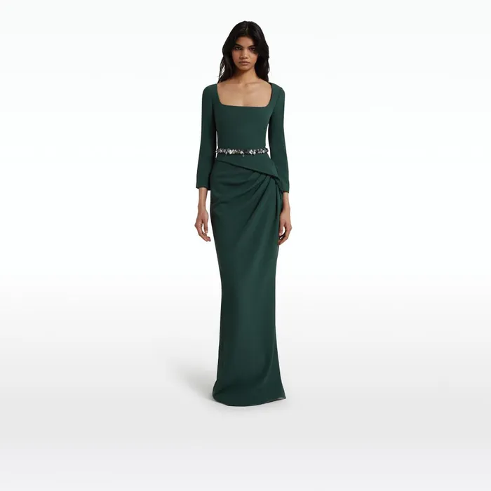 Safiyaa Mahir Darkest Spruce Long Dress With Embroidered Belt Women Dresses