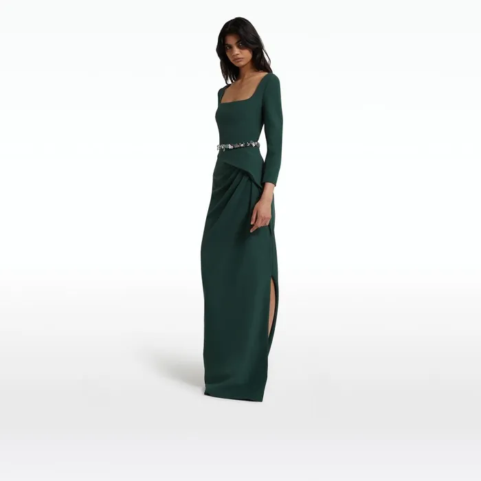 Safiyaa Mahir Darkest Spruce Long Dress With Embroidered Belt Women Dresses