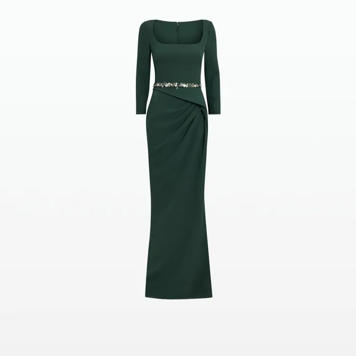 Safiyaa Mahir Darkest Spruce Long Dress With Embroidered Belt Women Dresses