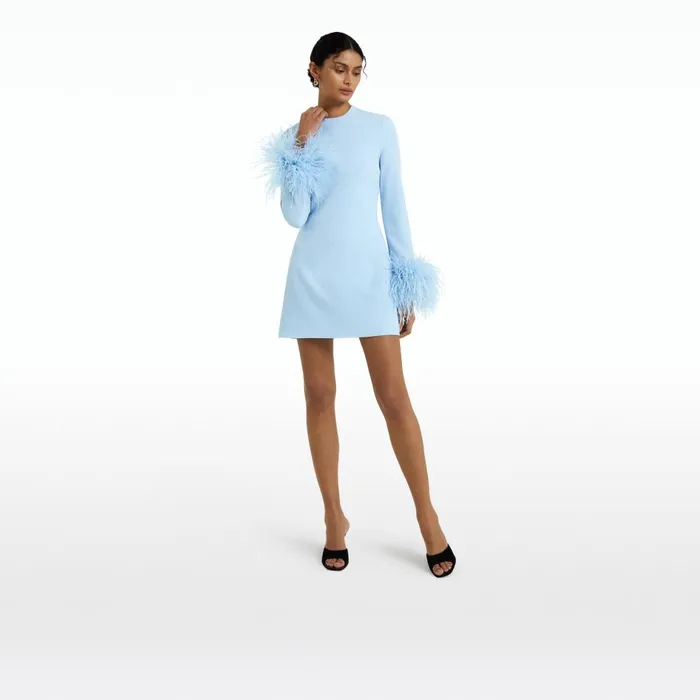 Safiyaa Rena Pale Blue FeatherTrimmed Short Dress Women Dresses