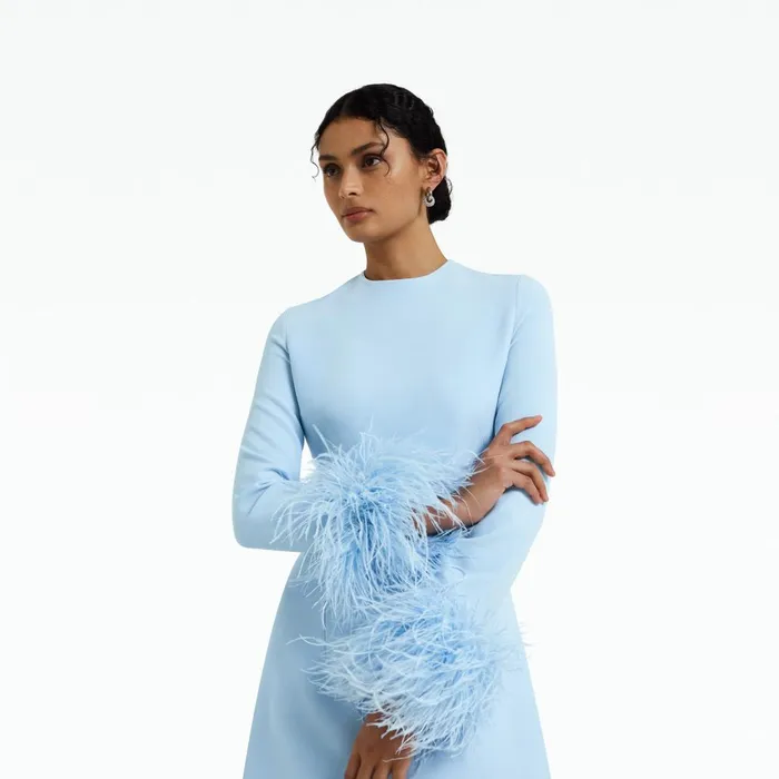 Safiyaa Rena Pale Blue FeatherTrimmed Short Dress Women Dresses