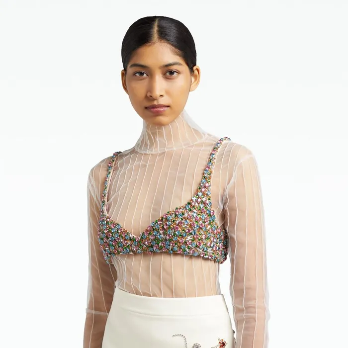 Safiyaa Trace Ivory Pintucked Tulle Top Women Tops