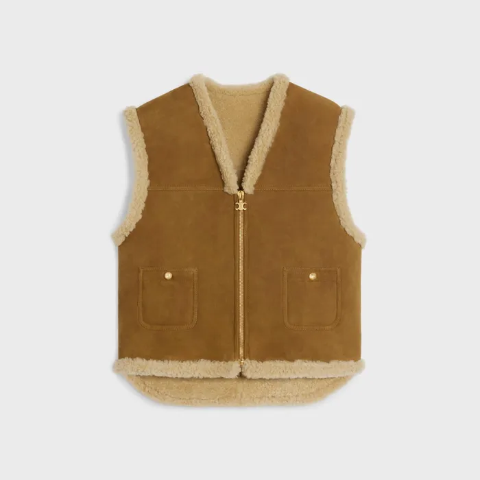 Sleeveless Vest In Curly Shearling Khaki Ficelle Women CELINE LEATHER AND SHEARLING Sleeveless Vest In Curly Shearling Khaki Ficelle Women CELINE LEATHER AND SHEARLING