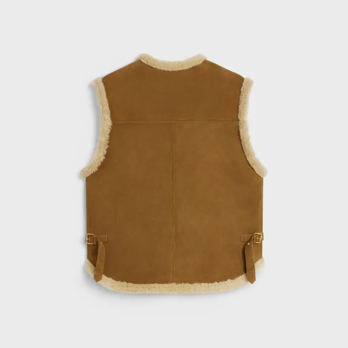 Sleeveless Vest In Curly Shearling Khaki Ficelle Women CELINE LEATHER AND SHEARLING