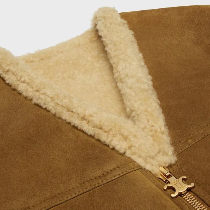 Sleeveless Vest In Curly Shearling Khaki Ficelle Women CELINE LEATHER AND SHEARLING