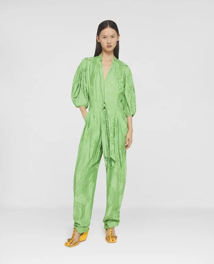 Stella McCartney Falabella Print Silk Jacquard Jumpsuit Bright Green Women Jumpsuits Stella McCartney Falabella Print Silk Jacquard Jumpsuit Bright Green Women Jumpsuits