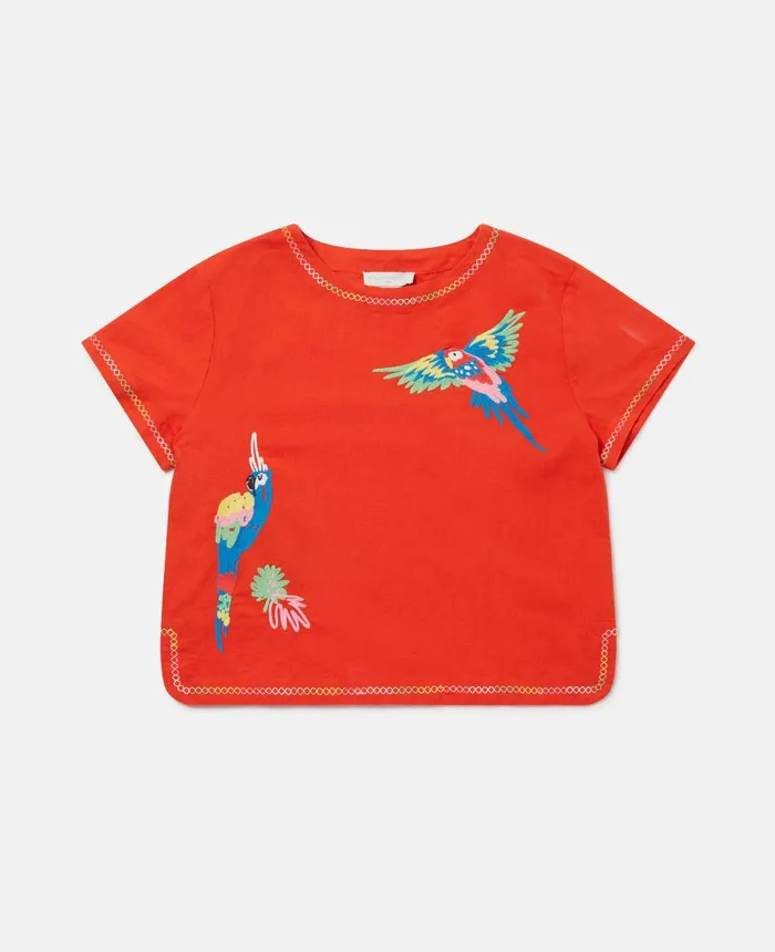 Stella McCartney Parrot Embroidery Linen TShirt Red Kids Sweaters and Cardigans Stella McCartney Parrot Embroidery Linen TShirt Red Kids Sweaters and Cardigans