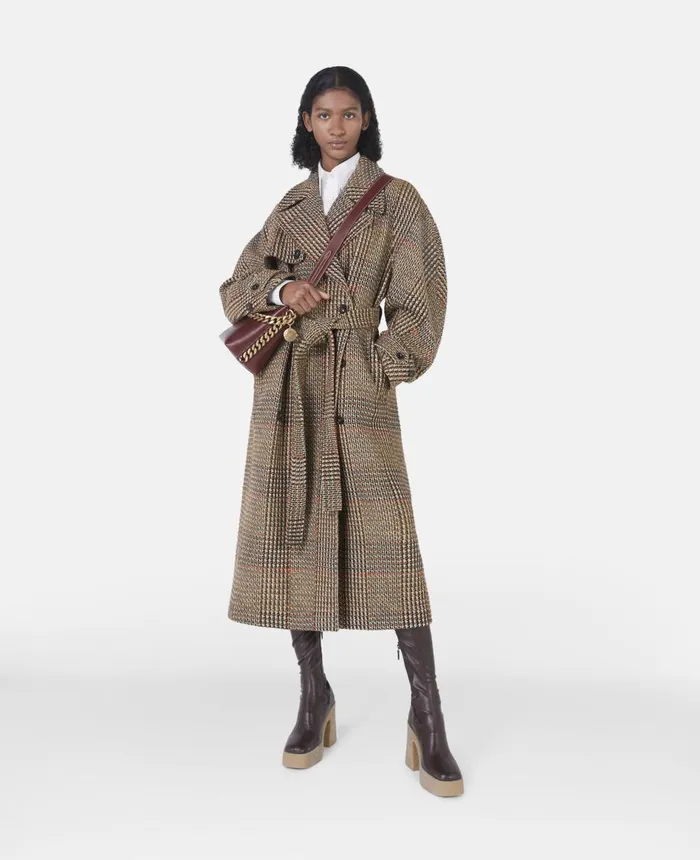 Stella McCartney Tweed Belted Long Coat Brown Women Coats And Jackets