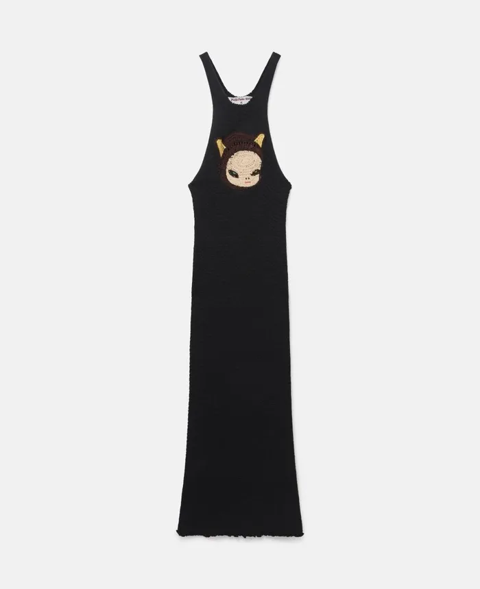 Stella McCartney Upset Kitty Crochet Patch Racerback Midi Dress Black Women Dresses Stella McCartney Upset Kitty Crochet Patch Racerback Midi Dress Black Women Dresses