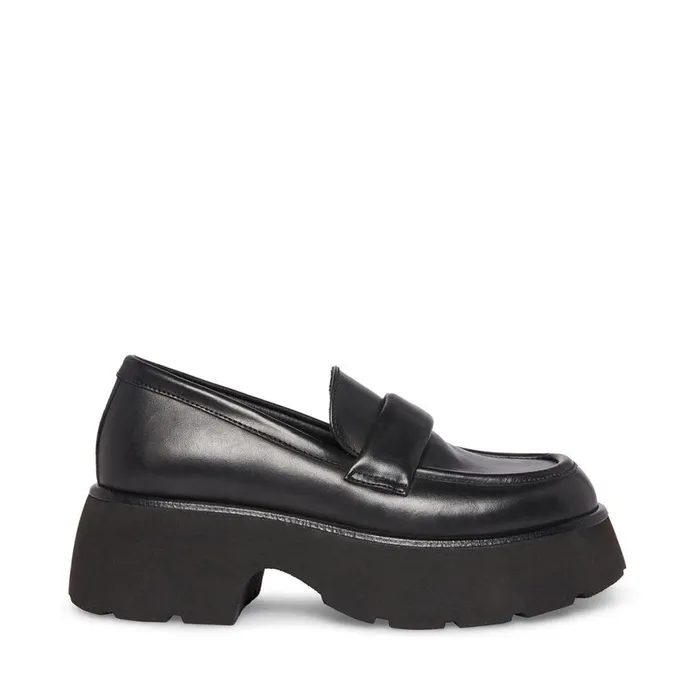 Steve Madden Jaxi Black Leather Womens Loafers and Flats