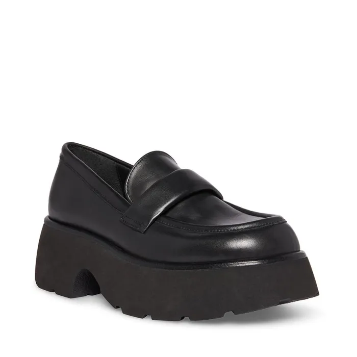 Steve Madden Jaxi Black Leather Womens Loafers and Flats