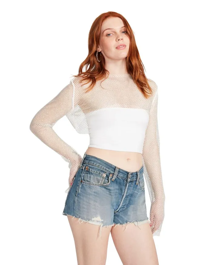 Steve Madden Mesh Rhinestone Bolero White Womens Tops and Shirts