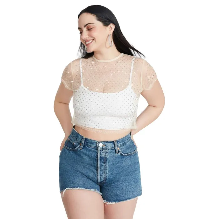 Steve Madden Mesh Rhinestone Top Ivory Womens Tops and Shirts