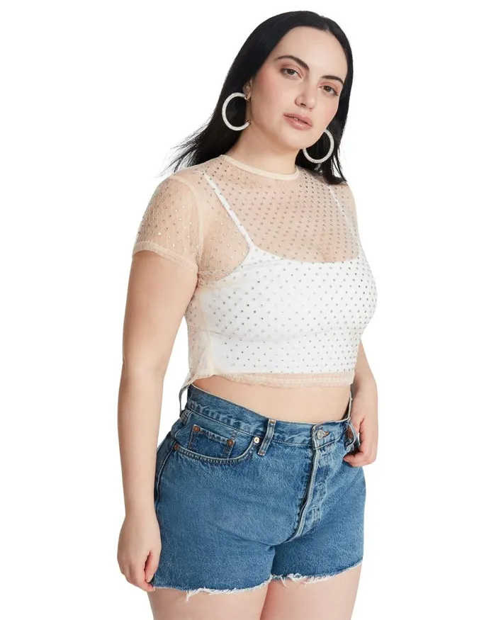 Steve Madden Mesh Rhinestone Top Ivory Womens Tops and Shirts