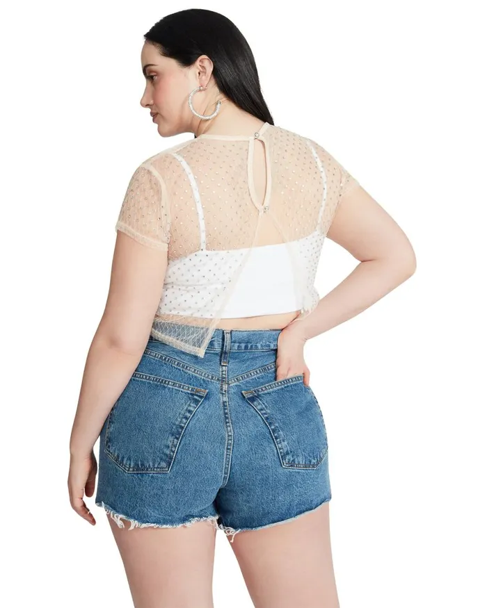 Steve Madden Mesh Rhinestone Top Ivory Womens Tops and Shirts