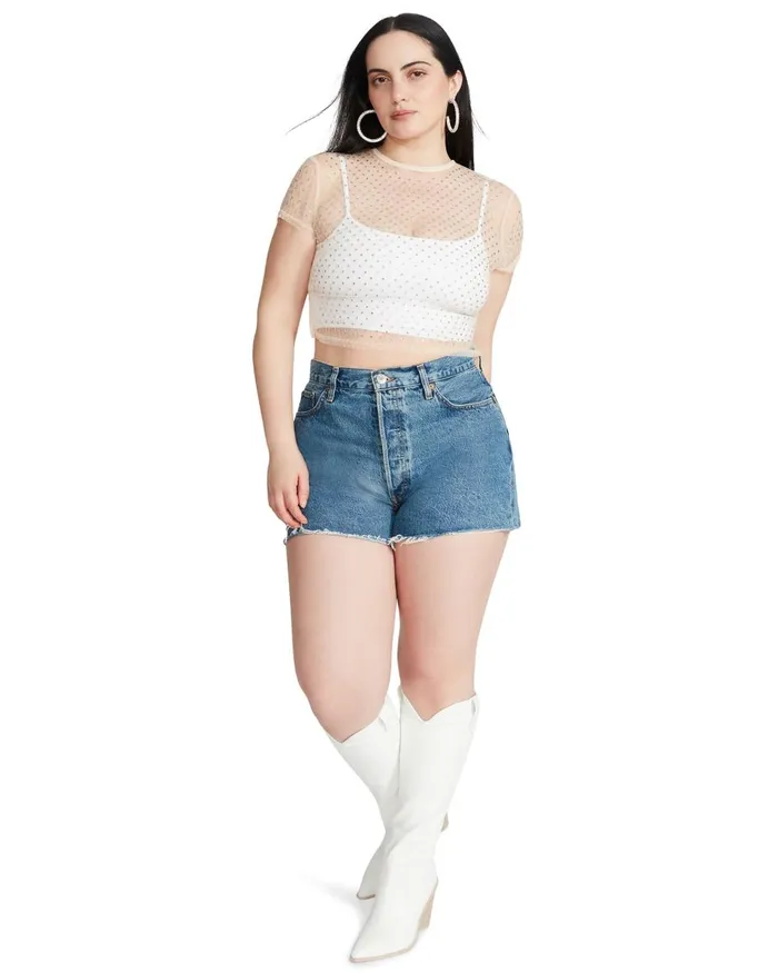 Steve Madden Mesh Rhinestone Top Ivory Womens Tops and Shirts