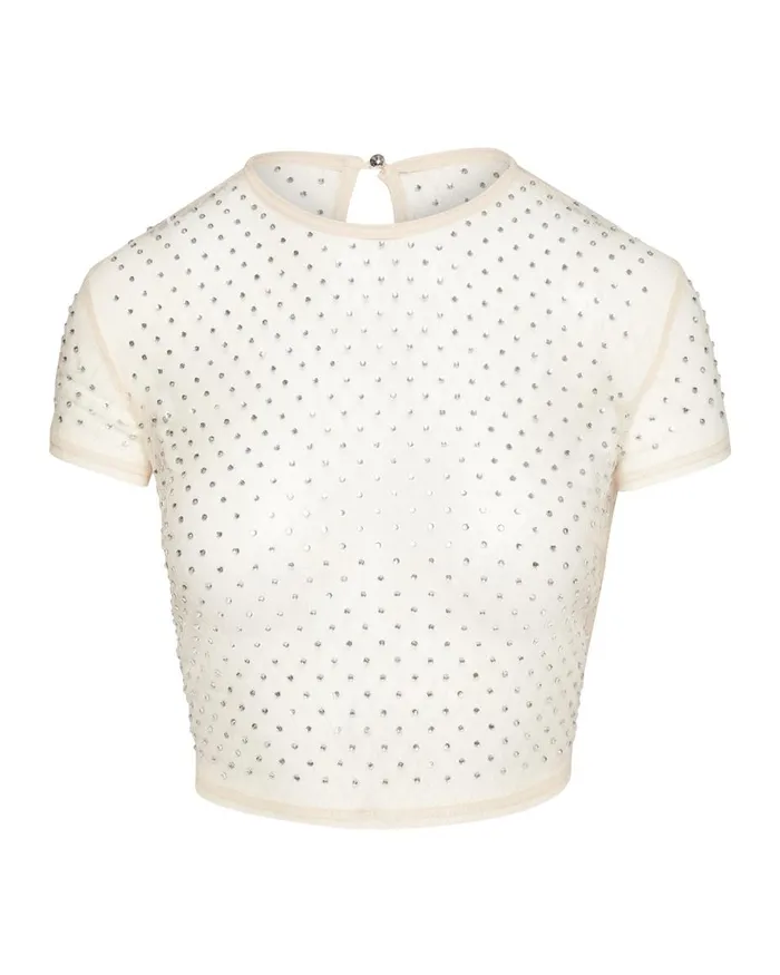 Steve Madden Mesh Rhinestone Top Ivory Womens Tops and Shirts