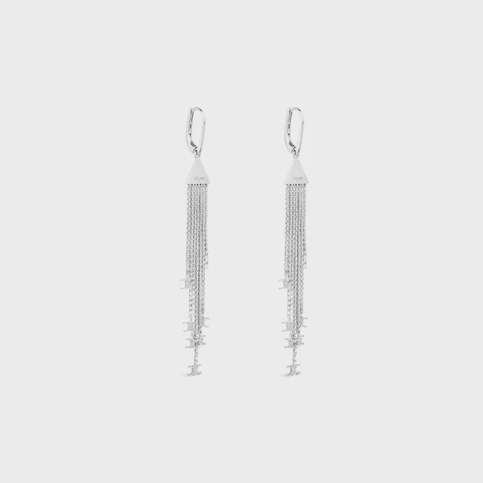 Triomphe Folk Fringe Earrings In Brass With Rhodium Finish Silver Women CELINE EARRINGS Triomphe Folk Fringe Earrings In Brass With Rhodium Finish Silver Women CELINE EARRINGS