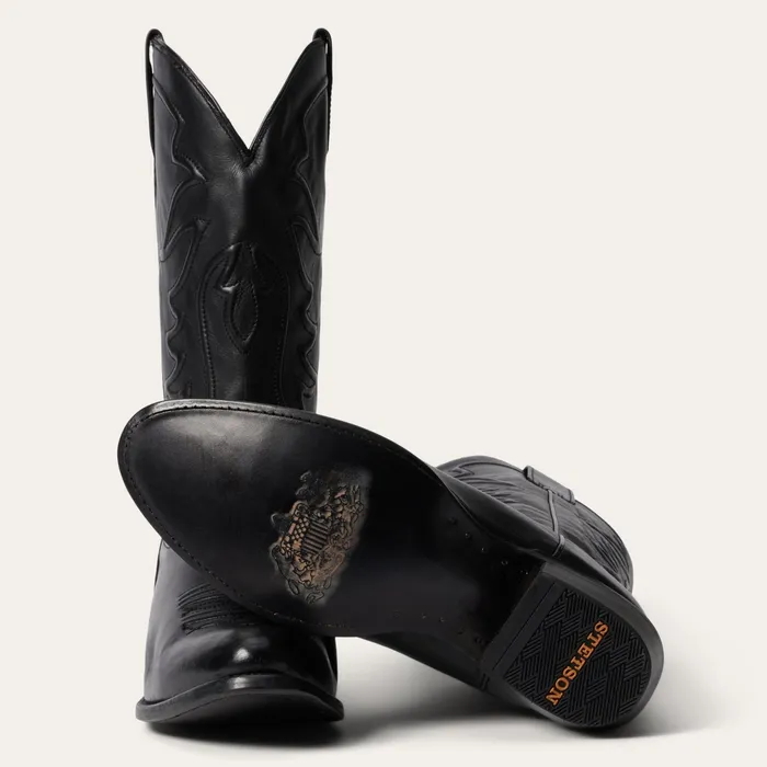 Western Men Stetson Ames Corded and Burnished Leather Boot Black