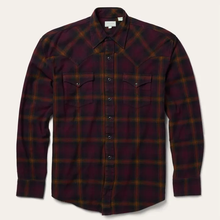 Western Shirts Men Stetson Black Wine Plaid Flannel Western Shirt Wine