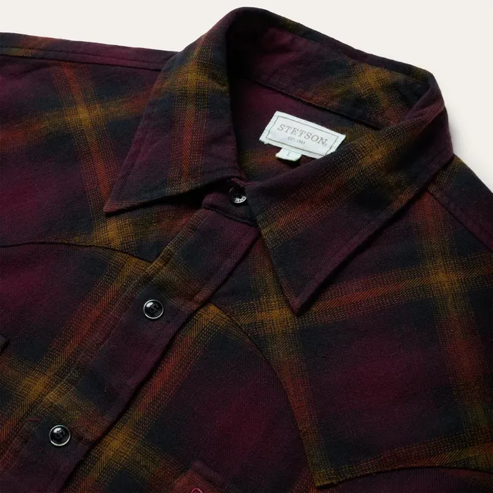Western Shirts Men Stetson Black Wine Plaid Flannel Western Shirt Wine