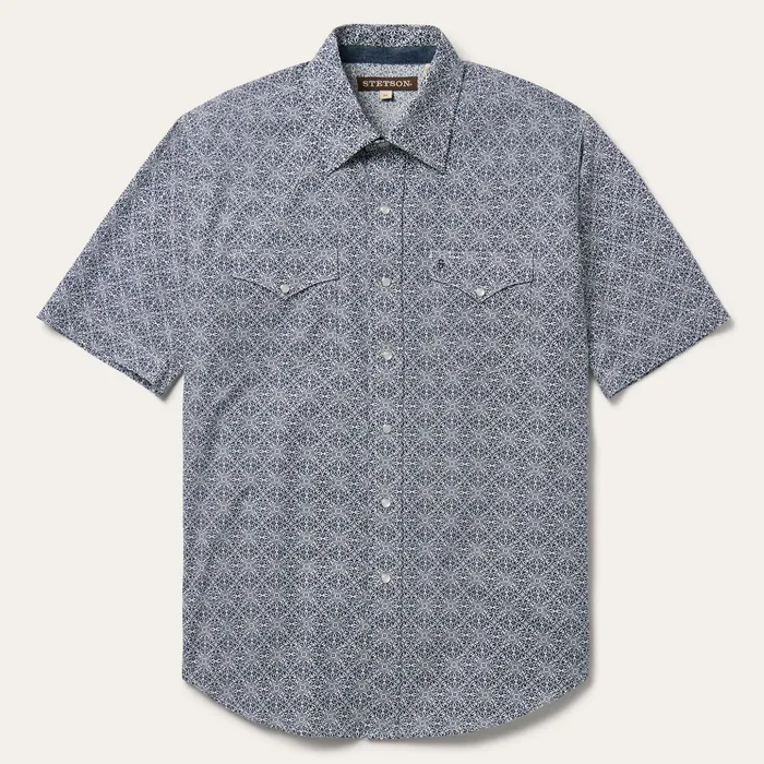 Western Shirts Men Stetson Navy Print Short Sleeve Western Shirt Blue