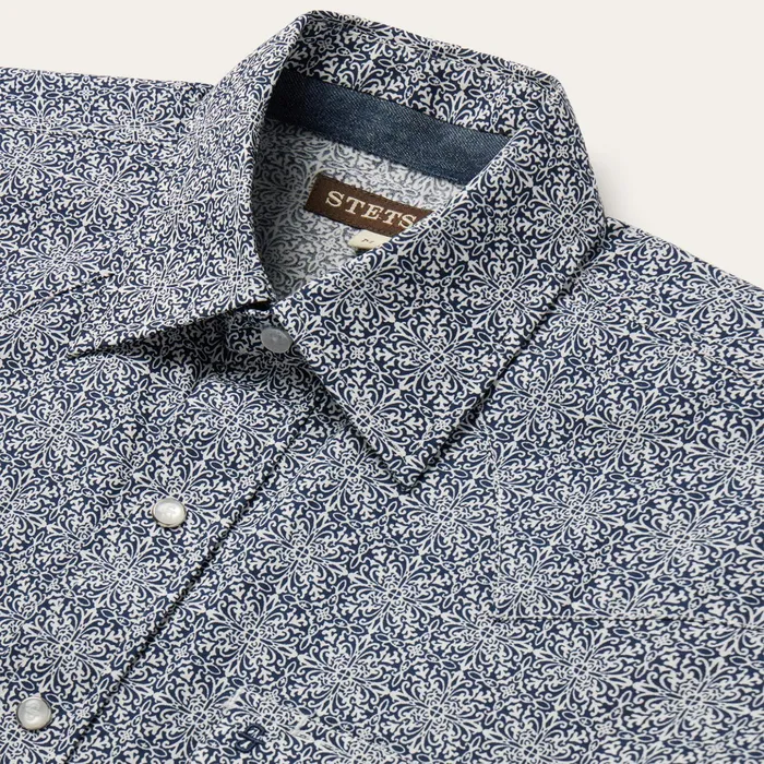 Western Shirts Men Stetson Navy Print Short Sleeve Western Shirt Blue