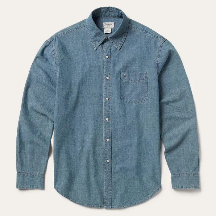 Western Shirts Men Stetson One Pocket Chambray Denim Shirt Blue
