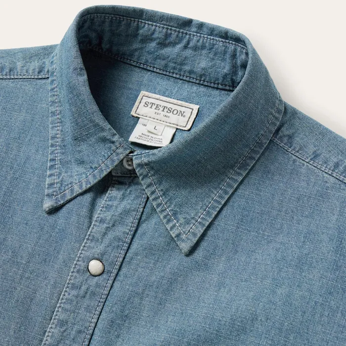 Western Shirts Men Stetson One Pocket Chambray Denim Shirt Blue