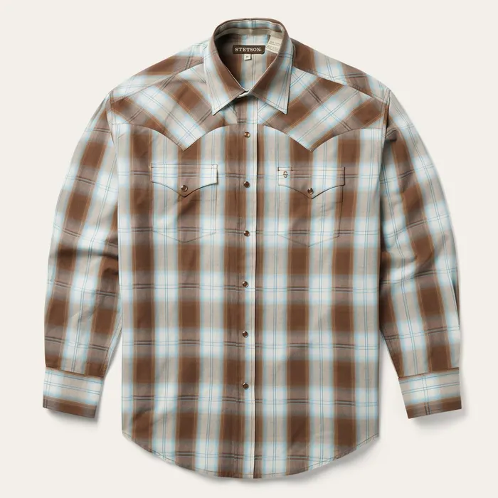 Western Shirts Men Stetson Sand Ombre Plaid Western Shirt Brown