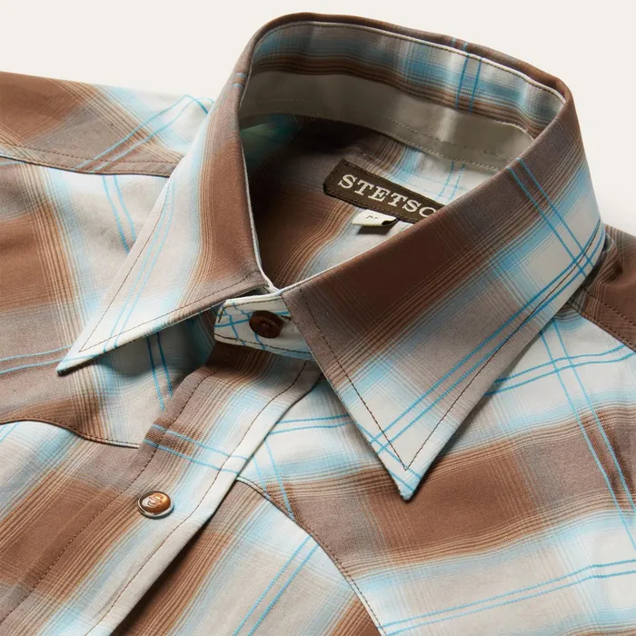 Western Shirts Men Stetson Sand Ombre Plaid Western Shirt Brown
